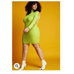 Bright Neon Green ELOQUII Bodycon Long Sleeve Cutout Mini Sweater Dress - 18/20